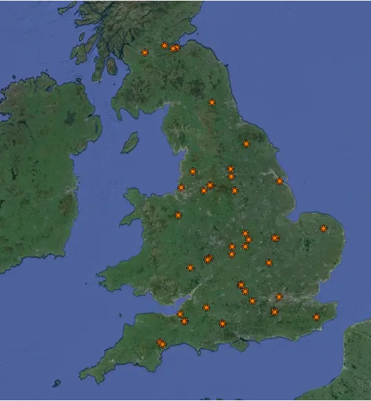 A map showing UXO finds from magnet fishing